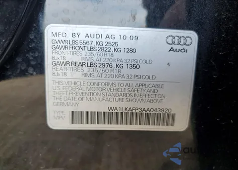 2010 Audi Q5 Premium Plus z USA, uszkodzony, nr VIN WA1LKAFP3AA043920